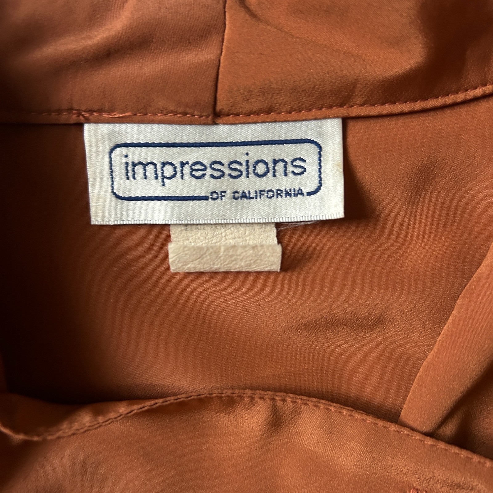 Vintage Impressions of California Rust Orange Silky Blouse Asymmetrical Collar