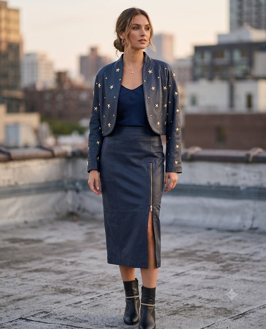 VTG 80s Julian K. Leather 2 Piece Skirt Suit Set Gold Star Studded Bolero Jacket
