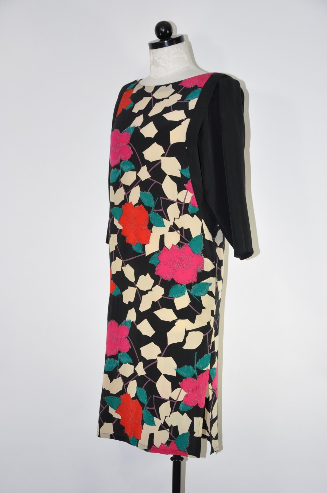 80s Vintage Nora Noh Silk Red Pink Rose Print Puff Sleeve Shift Dress Women S