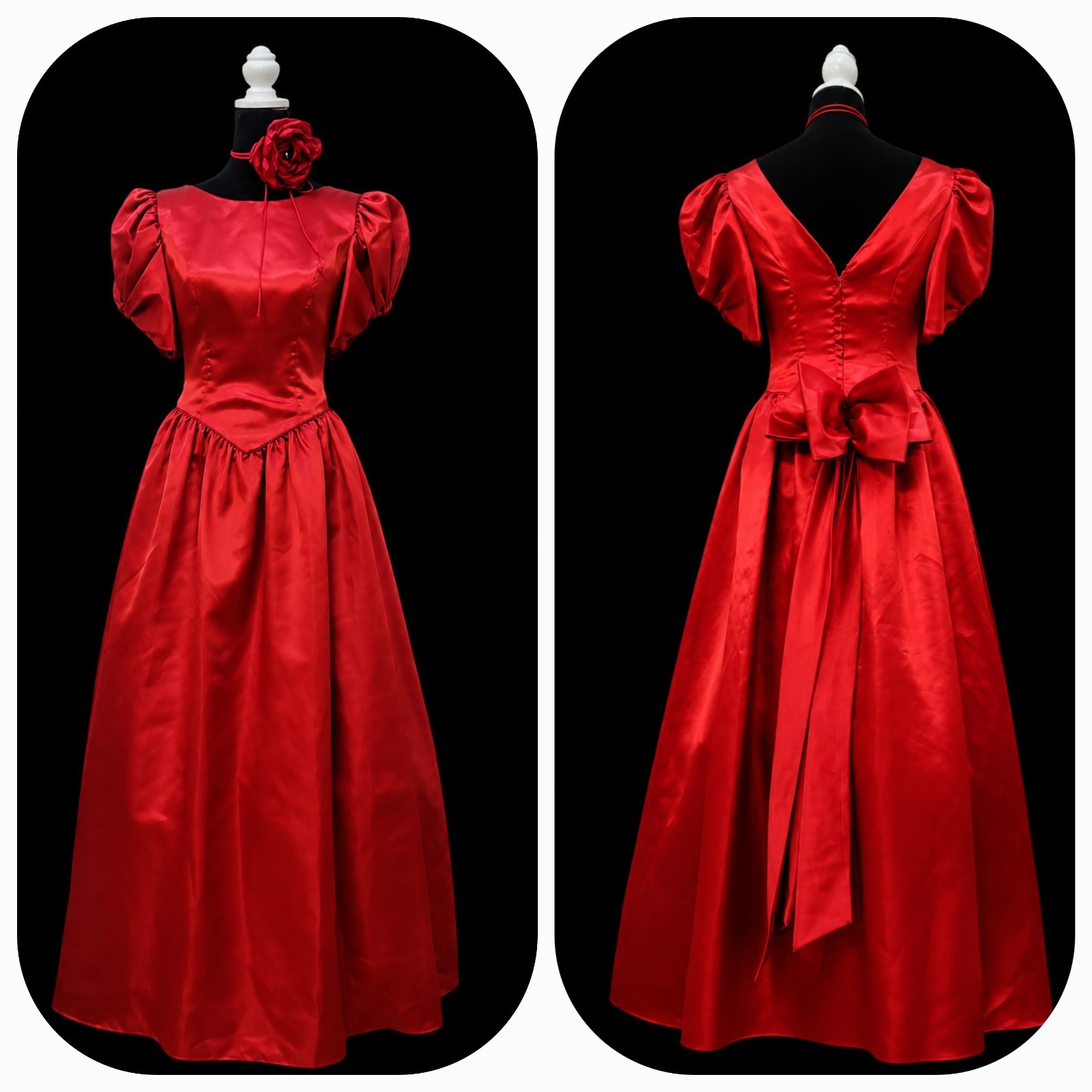 VTG 80s Red Satin Ball Gown Puff Sleeve Prom Formal Evening Dress Maxi