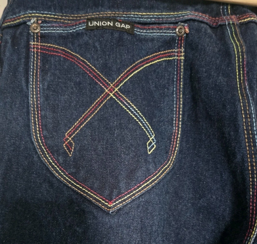 Union Gap Wide Flare Leg Jeans Multicolor Stitching Pocket and Side Seams