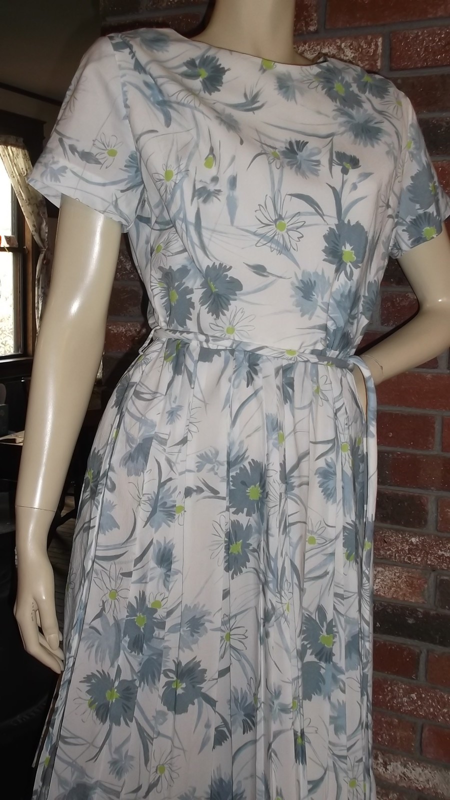 VTG 60s MCM Blue Floral Crepe Dress M Cay Artley Lovely Pleated Skirt w Belt VFG