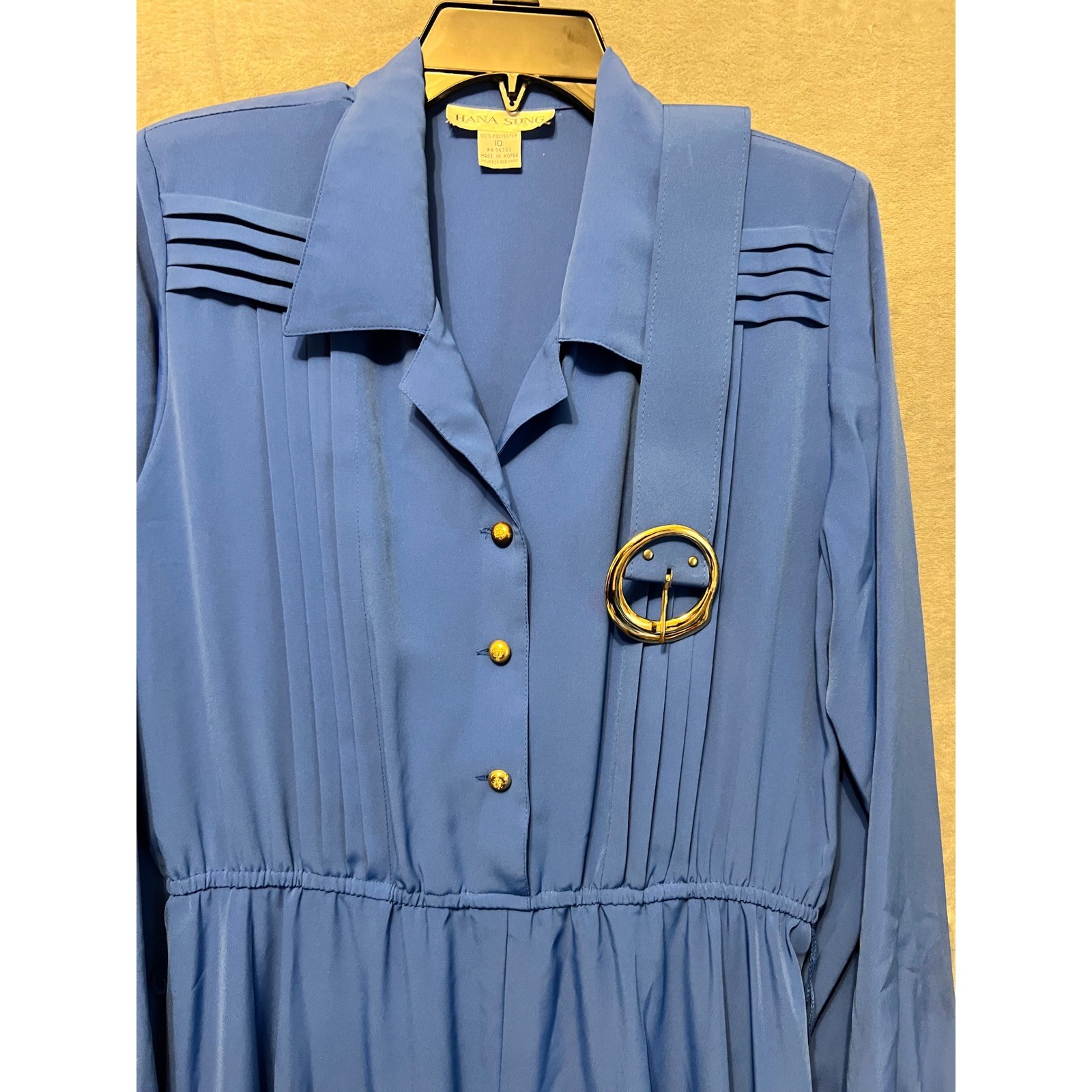 Hana Sung Blue Midi Dress Gold Buttons Belt Accent Pleated Vintage Korea Size 10