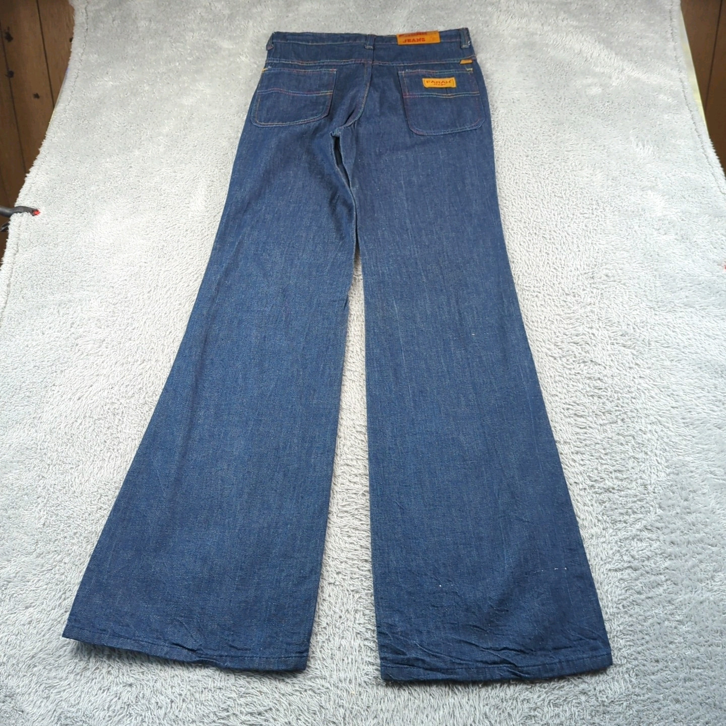Vintage 1970s Farah Jeans Womens 31 XL Blue Flare Bell Bottoms Rainbow Stitch