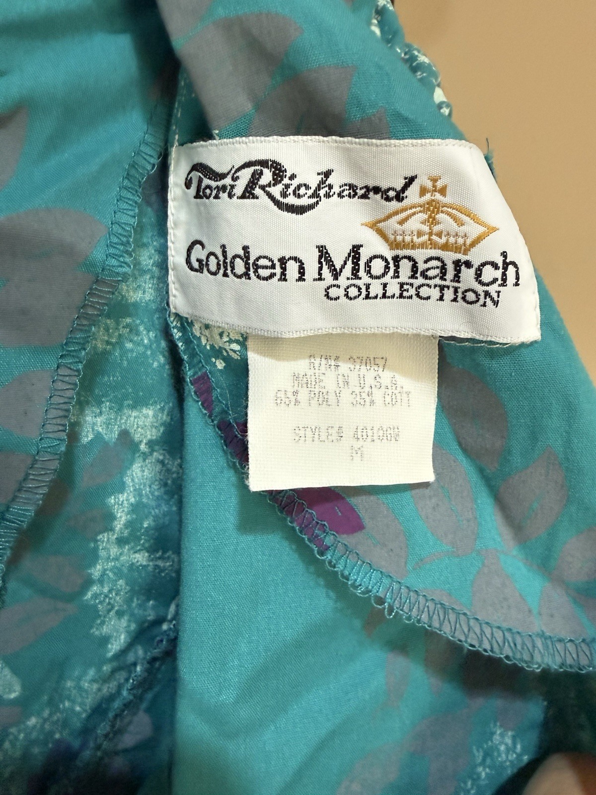 Vtg TORI RICHARD Golden Monarch Collection Teal Floral Printed Maxi Dress Size M