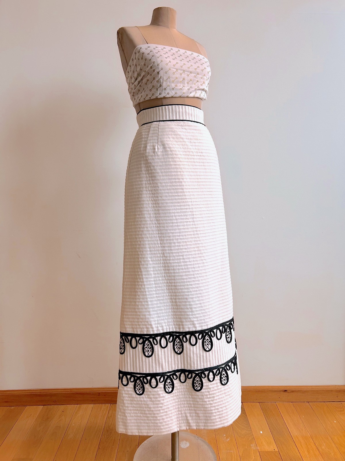 Vintage 1960s 70s Preppy Mod Hostess Maxi Skirt Palm Royale Black/ White sz S