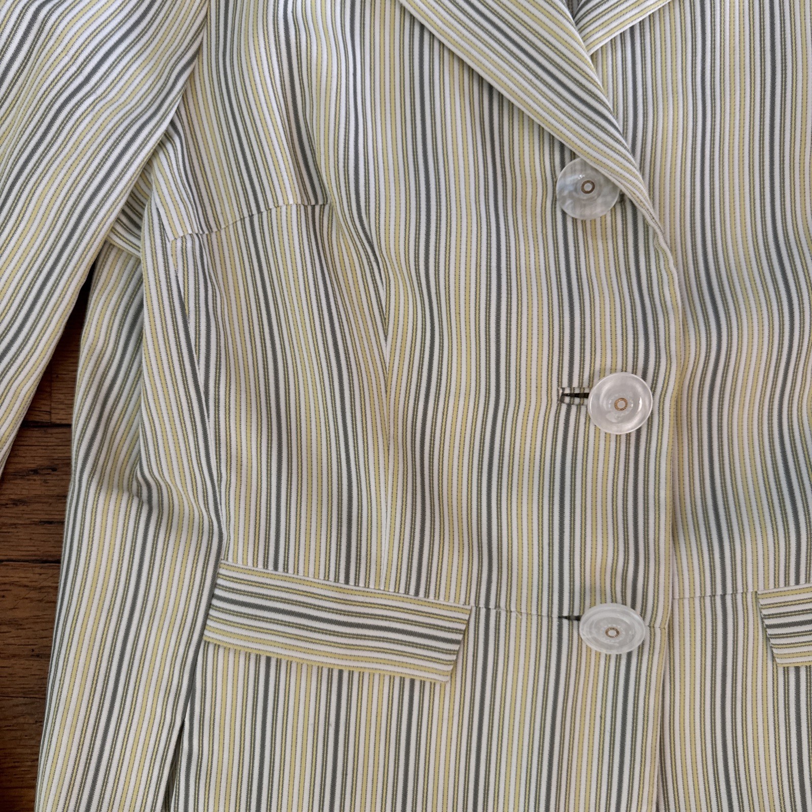 Vintage 1960s mod cotton skirt suit striped yellow gray neutral Handmacher