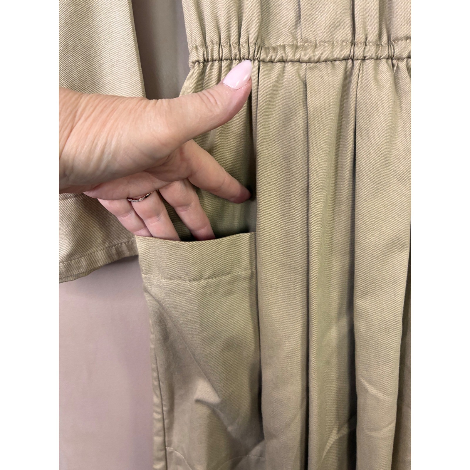 Vintage Jim Heilman Khaki Tan Pleated Shirt Dress Long Sleeve Midi Pockets Sz 10