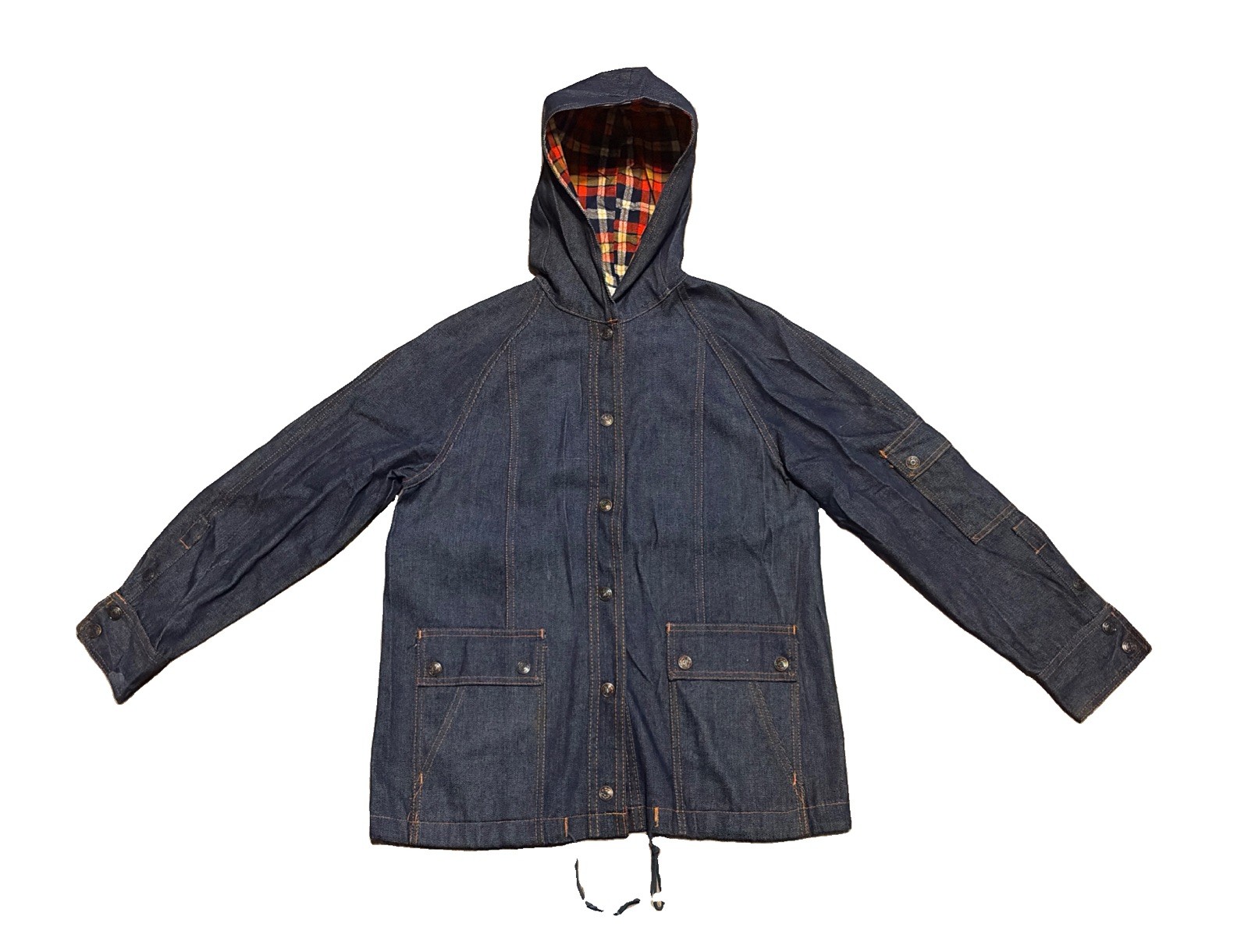Vintage Denim Hoodie Jacket Parka Dark Indigo Blue Snap Button Womens L 70s 80s