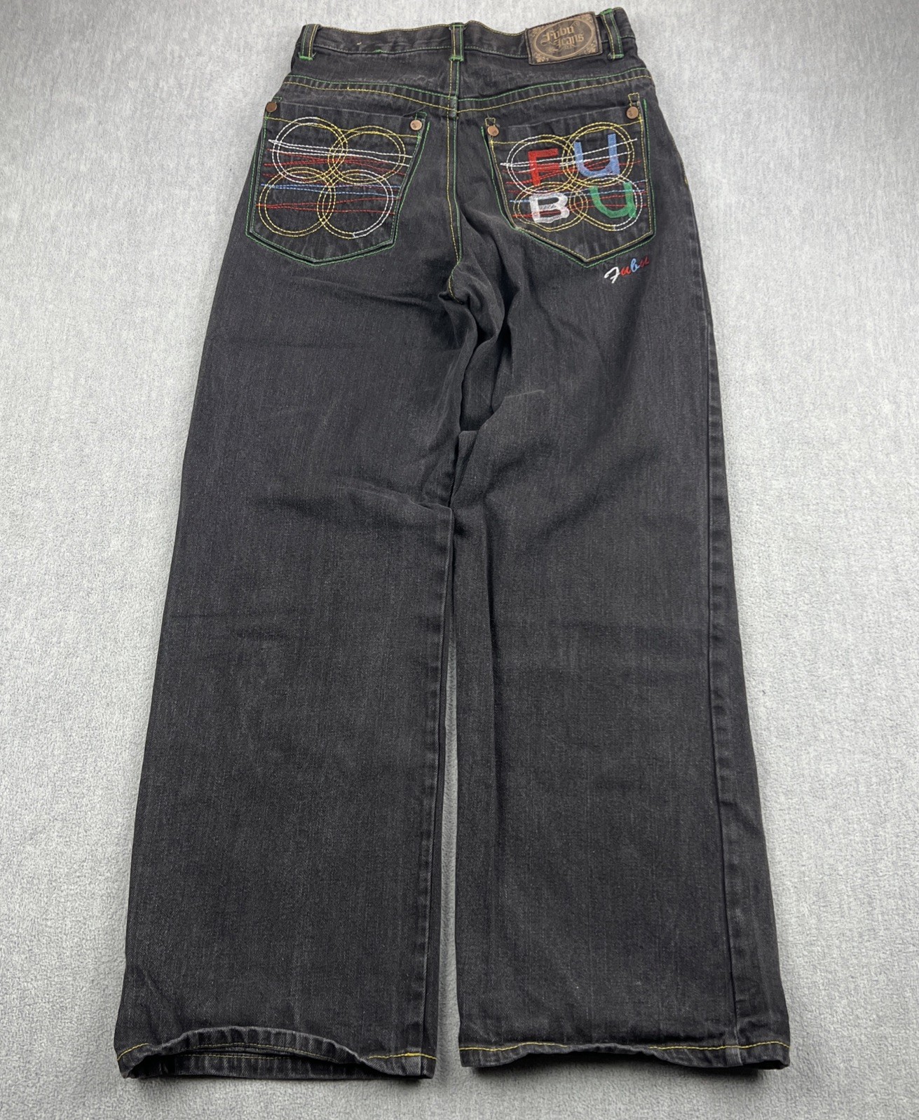 Vintage FUBU 90s Jeans Sz 16 (26×28) Distress Embroidered Pockets Baggy Skater