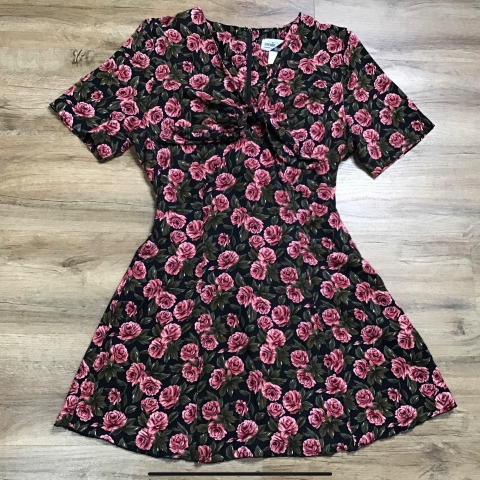 Vintage Y2K Floral Dress Size 12 Mini Rose Tie Front Black Pink Green 1990s