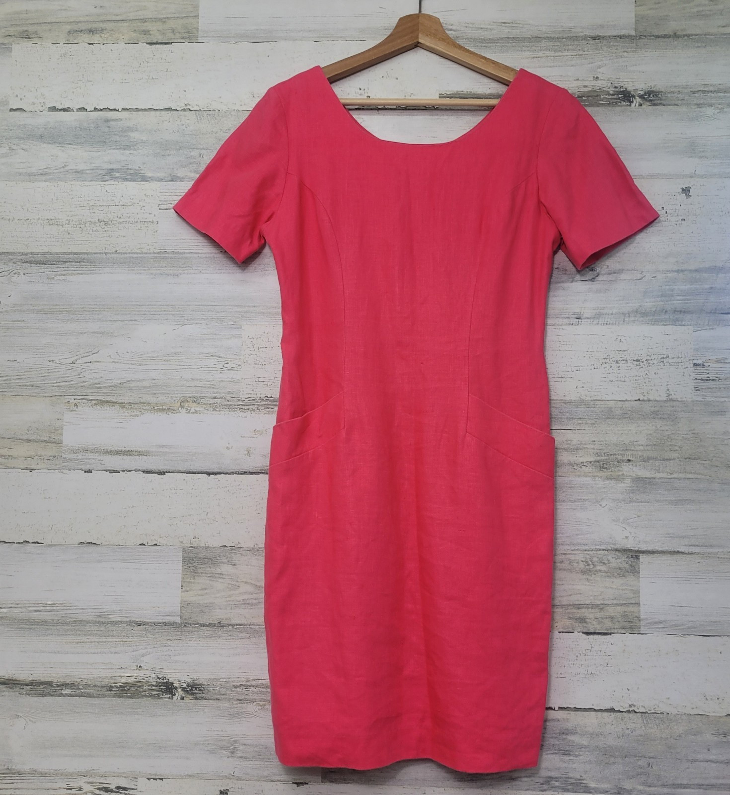 Vintage 90s Ellen Ashley Pink Linen Sheath Dress Pockets Lined Size 4