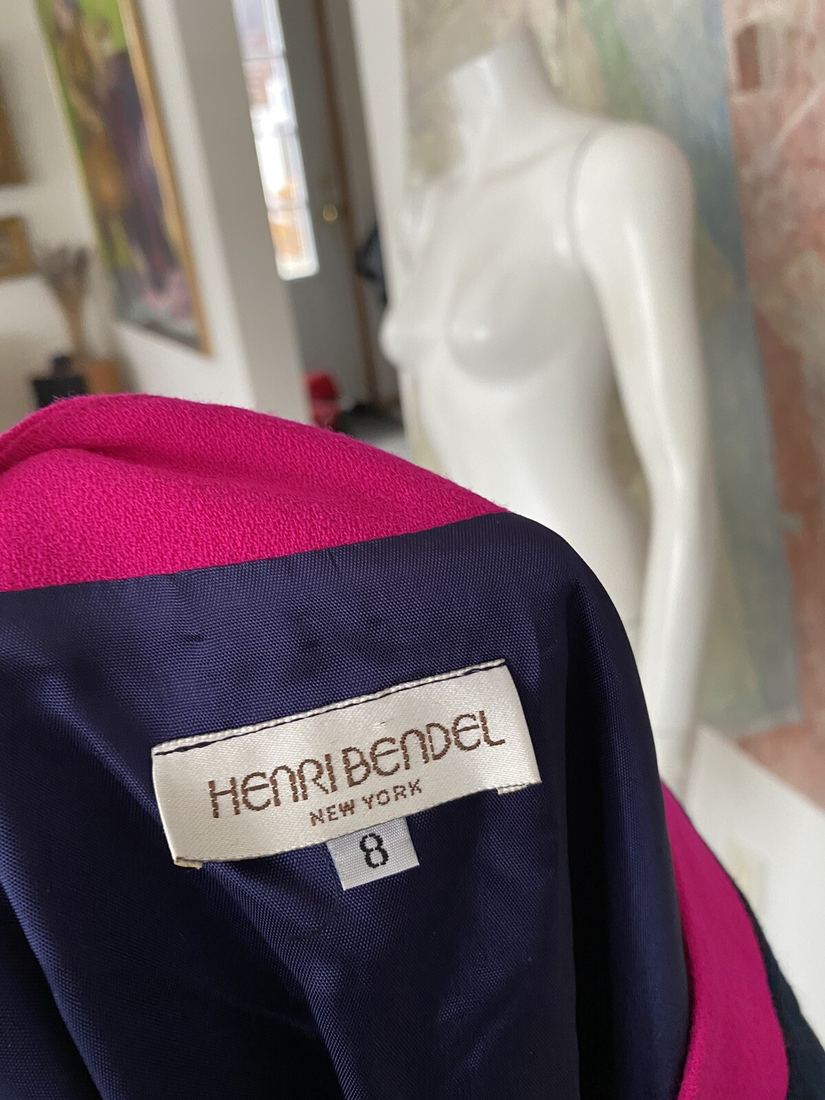 Vintage Henri Bendel Neon Pink Blue Wool Shift Zippered Pocketed Dress Size 8