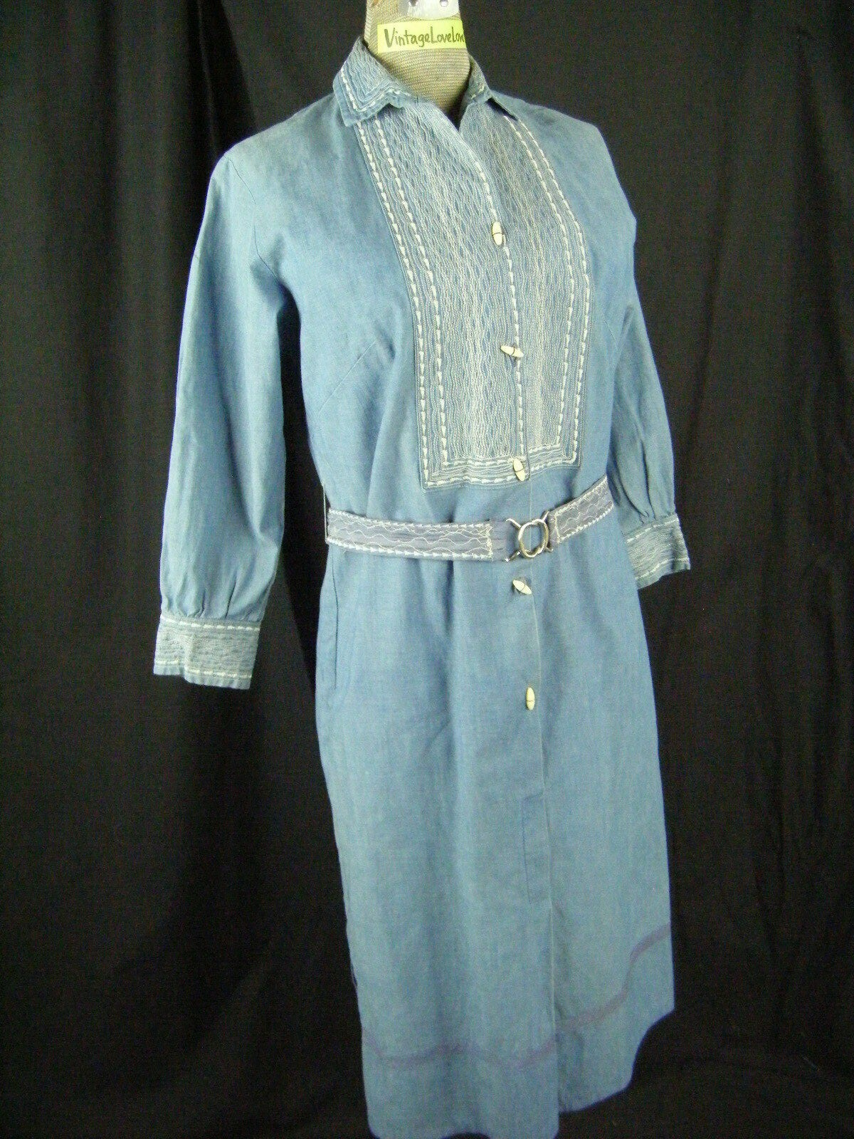 Rare KAY STEPHENS SANTA FE SHIRTS Vtg Blue Denim Southwestern Dress-Bust 39/S-M