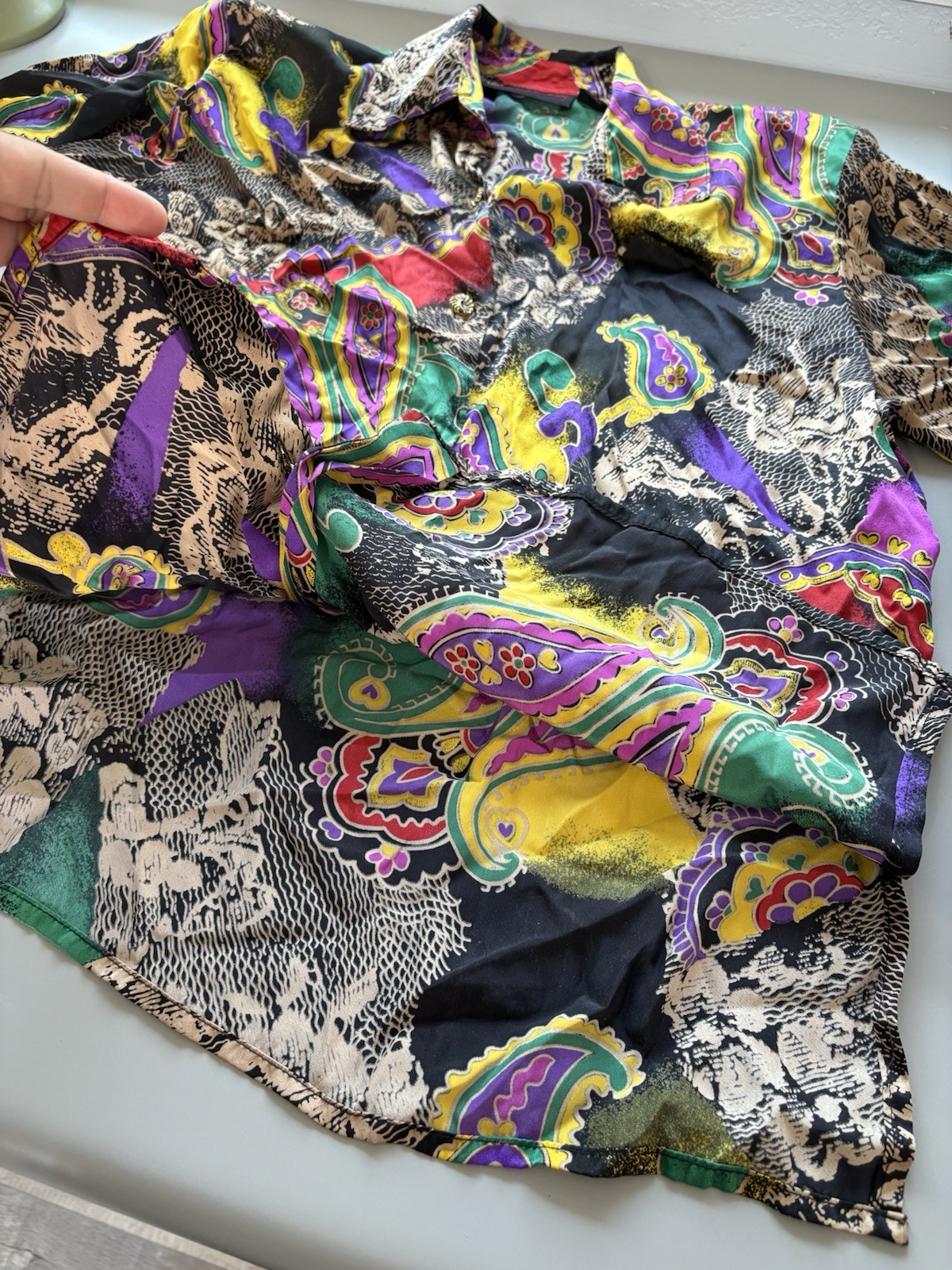 Vintage Jerri Sherman Collection Floral Paisley Multicolor Silk Shirt Blouse Top