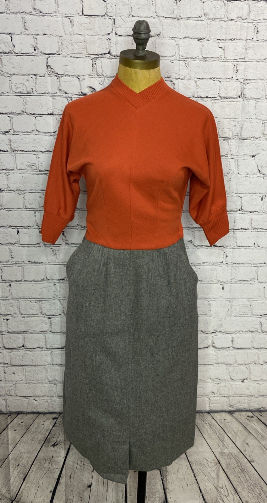 Vtg 60s Mod Marion McCoy Wool Orange Dress 3/4 Sleeve MIDI Pencil Secretary