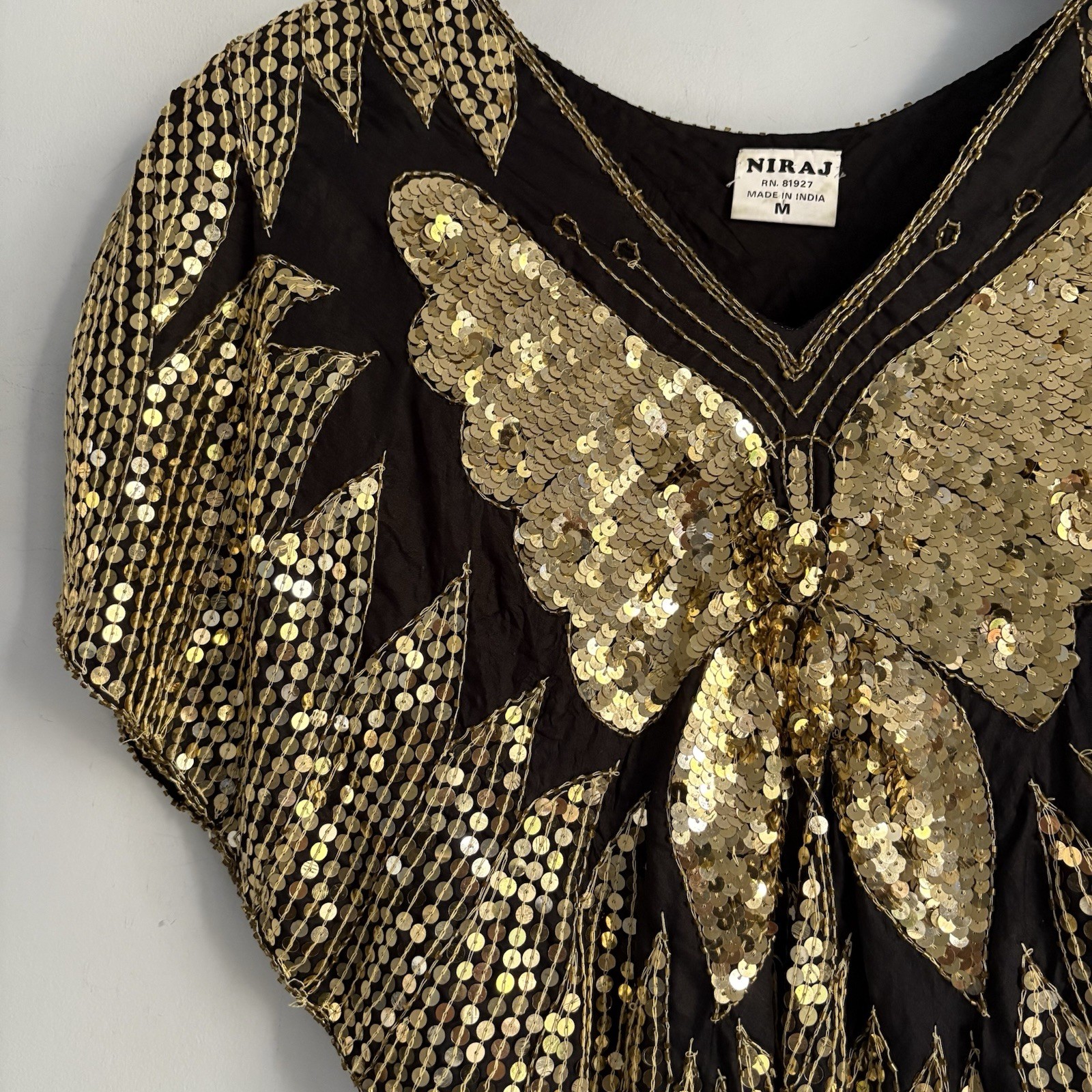 Vintage NIRAJ Silk Sequin Butterfly Blouse Top Black Gold Batwing Dolman Size M