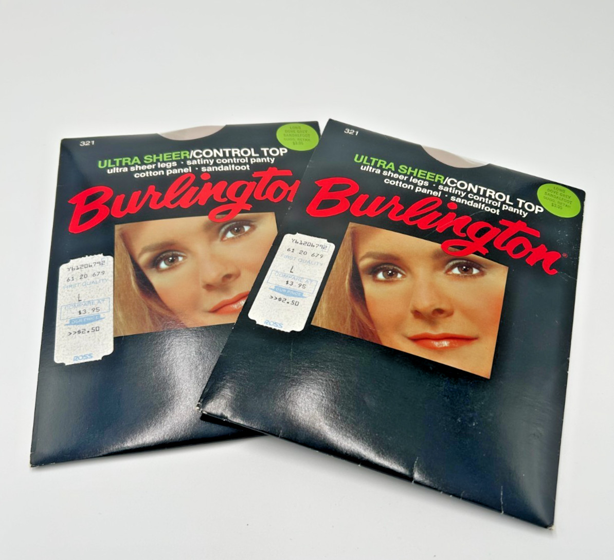 2 VTG Burlington Ultra Sheer Sandalfoot Pantyhose Long Dove Grey Nylon Stockings