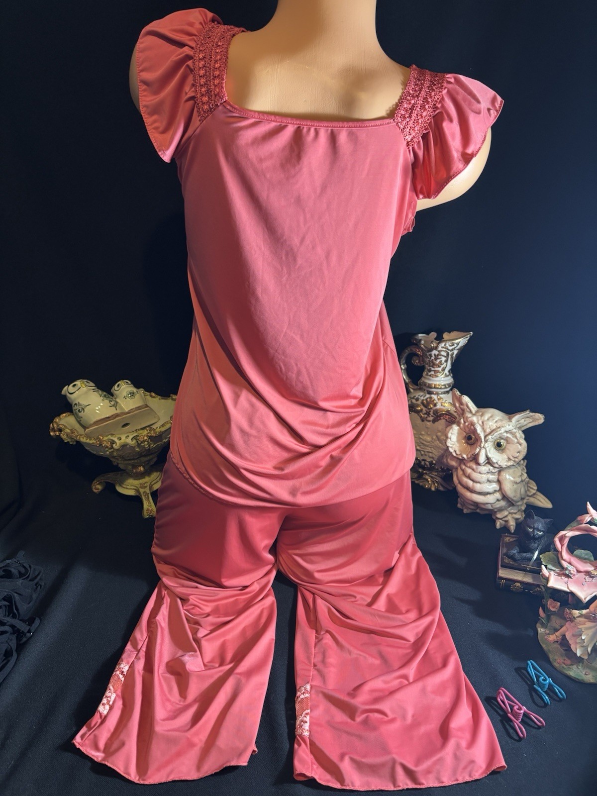 Vtg Satin Chantilly Lace Nightie Lounge Capri Pants Top Blouse Dress Frilly Set