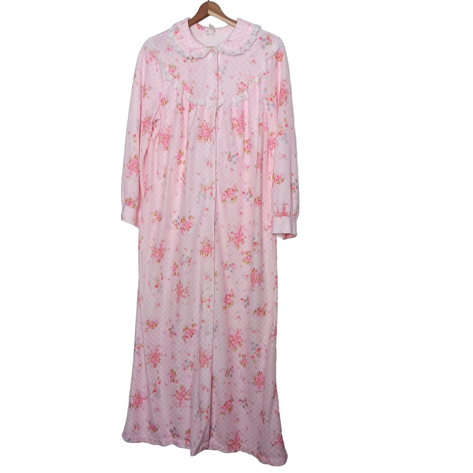 Philmaid Robe Nightgown L Pink Gingham Floral Lace Snap Maxi Granny Long Vintage