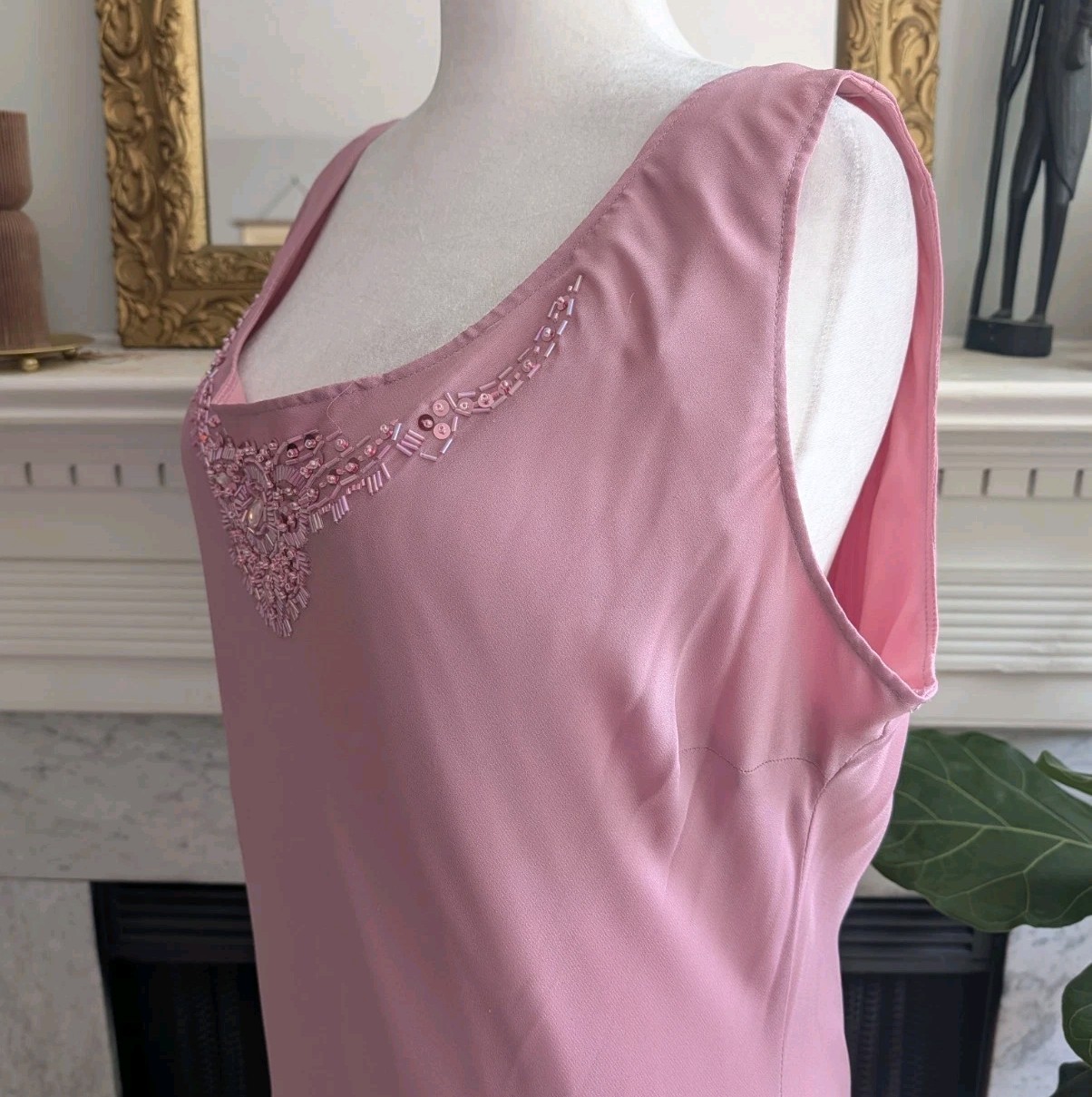 Vintage 90s Y2K Dusty Pink Beaded Column Dress Size 3X Maxi Ruffle Occasion MOB