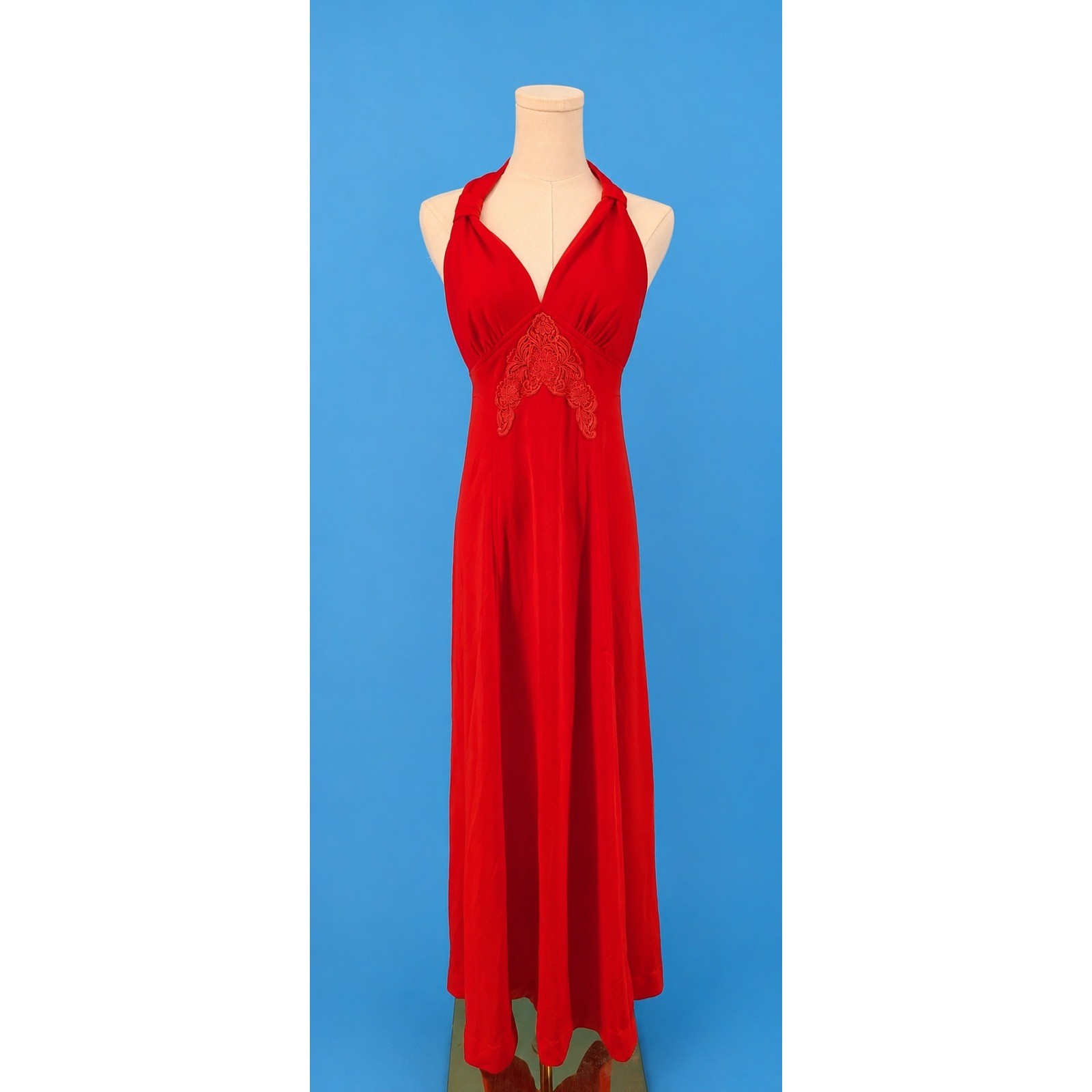 Vintage Evening Dress Womens 8 Juniors 11 Red Halter Maxi Lace Empire Waist Y2K