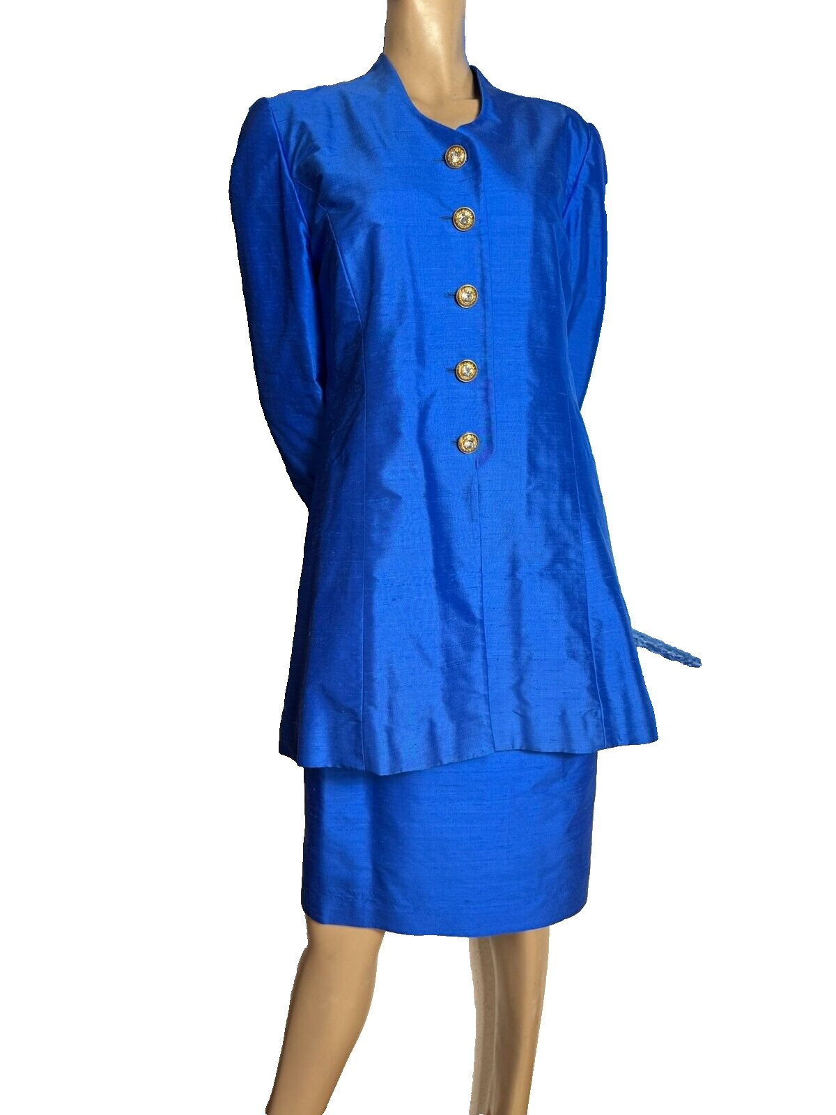 Vintage Silk Costume Royal Blue 38 40 Blazer Coat Jacket Pencil Skirt 80s 90s