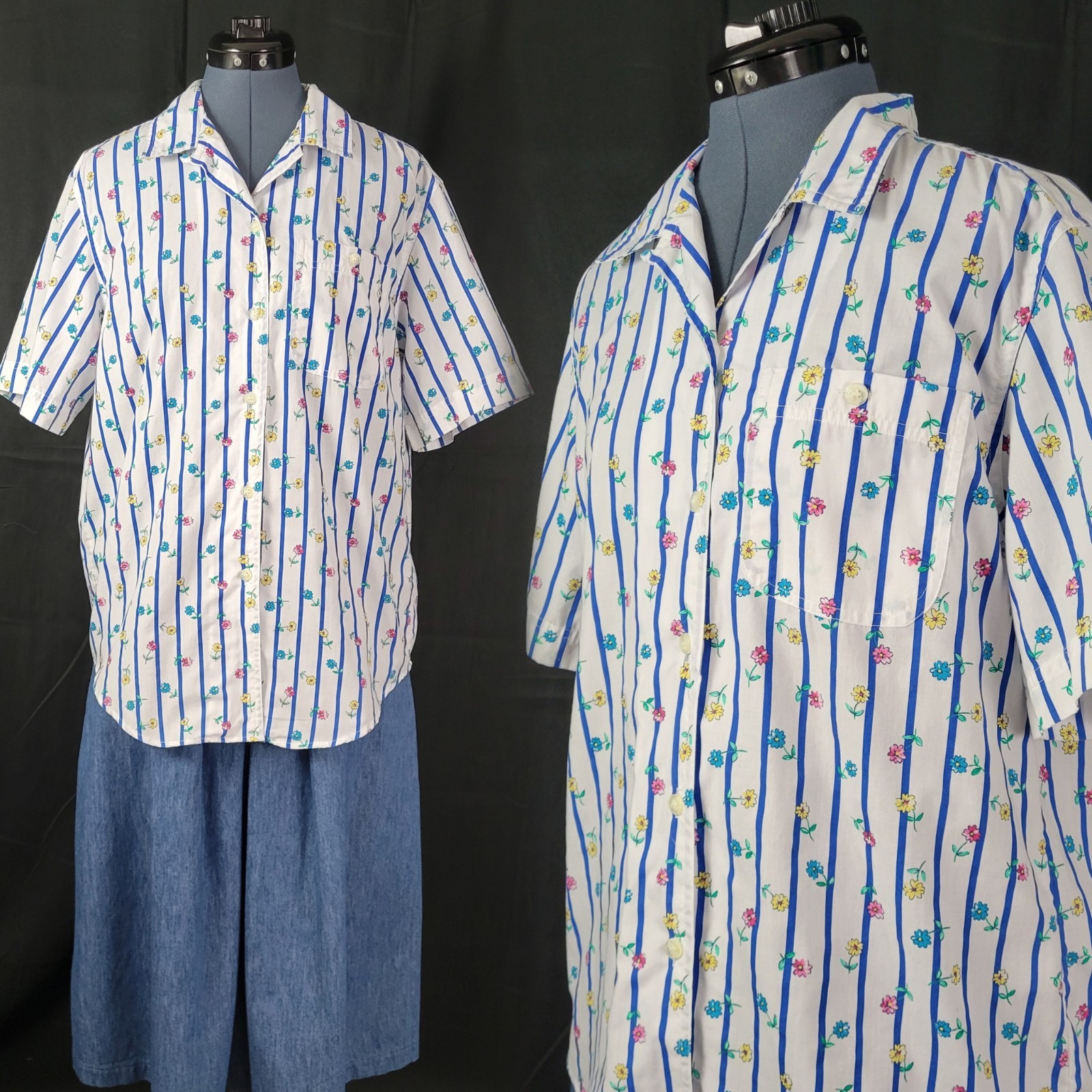 Vtg Cabin Creek White Button Down w Blue Stripes & Multicolored Florals Size L