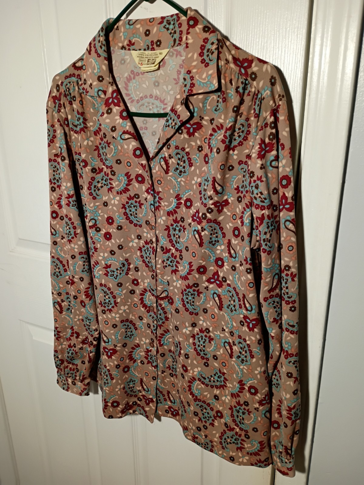 Sears The Fashion Place Vintage LS Brown Paisley Collared Button Blouse 40/L