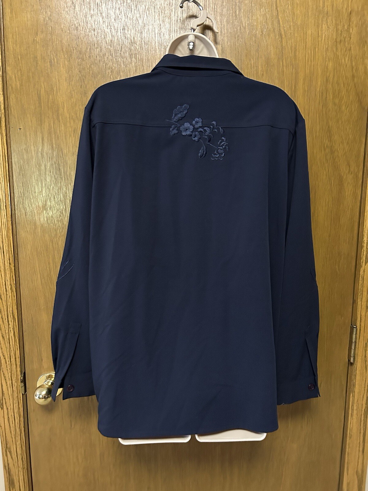 VTG 80s 90s GRAFF size PL L PETITE Blouse shirt top EMBROIDERED NAVY BLUE Y24
