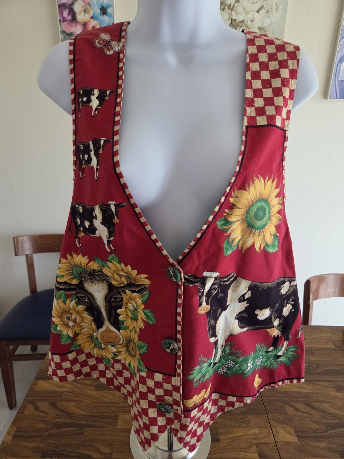 Vintage 80s Retro Womans Novelty Decorative Sunflower Cow Vest LG/XL