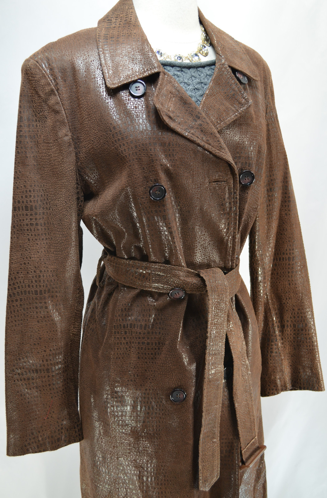 Marvin Richards Chocolate Brown Leather Reptile textured long coat trench VTG S