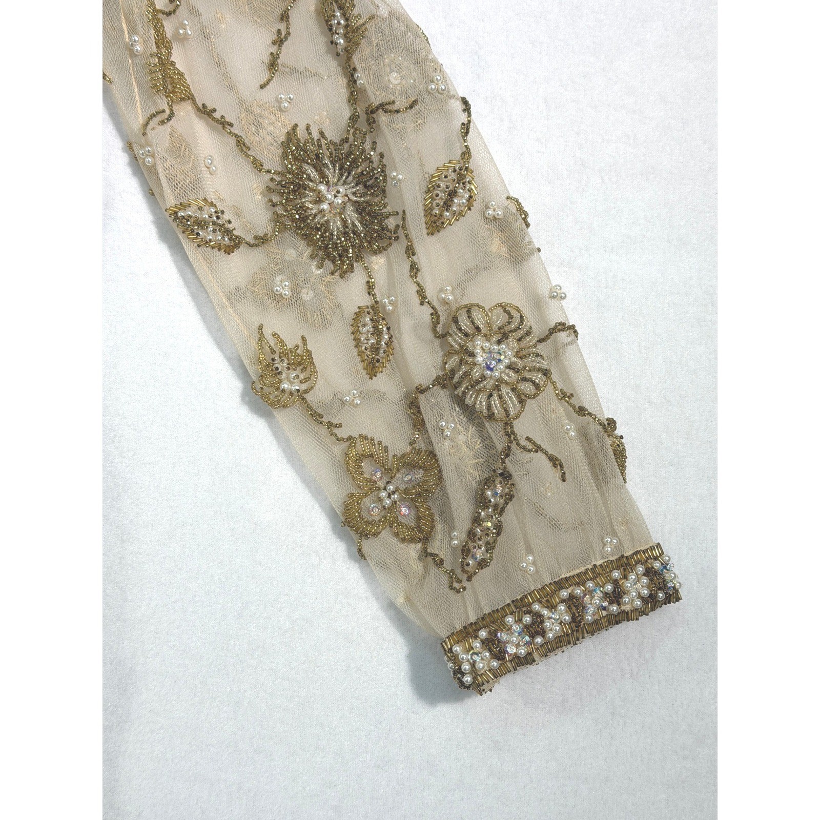 Handmade Vintage Palm Beach Gold Silk Beaded Dress 14 M / L Long Sleeve