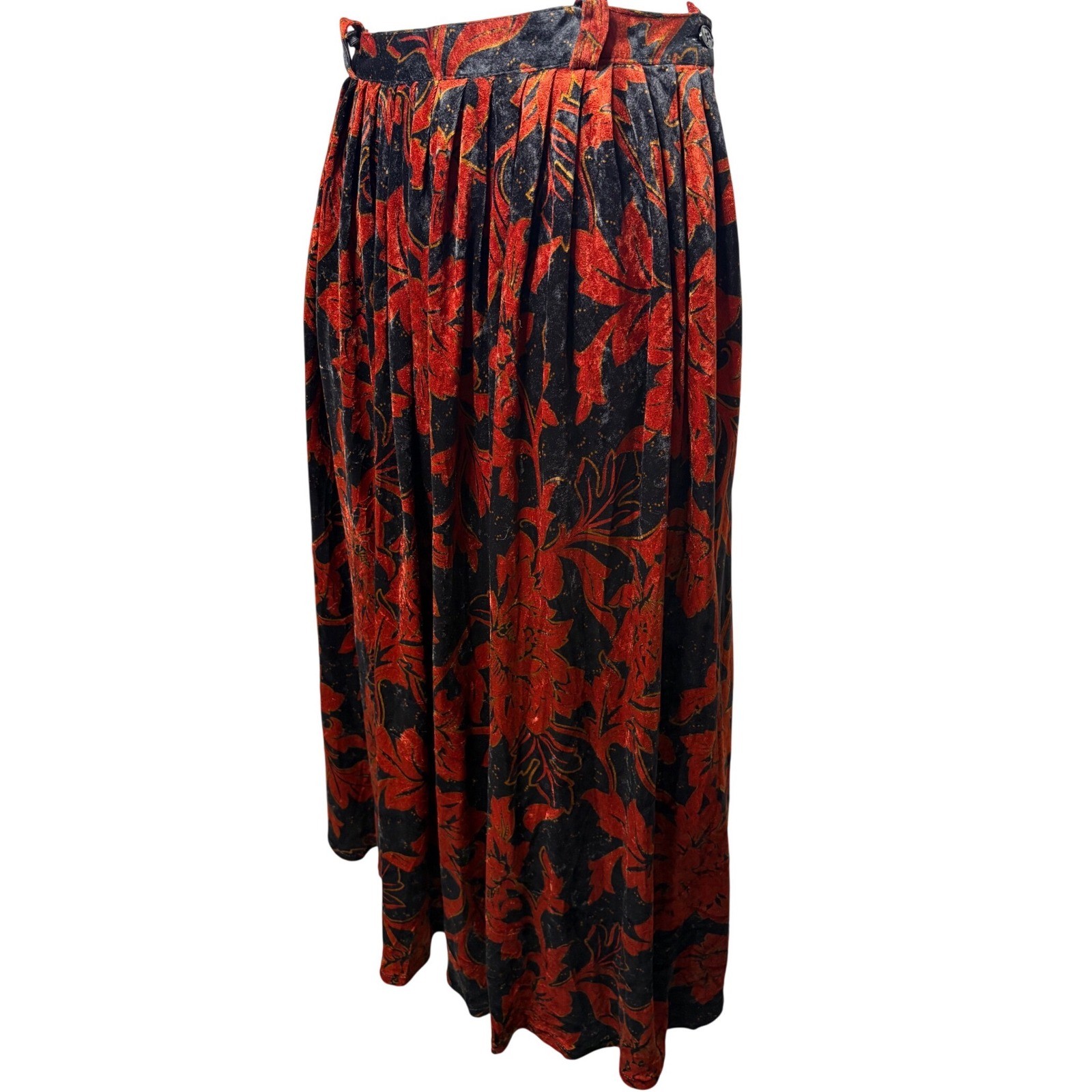 VTG 90s DIANA BENTALLS Ochre Black Floral Velvet Pleated Midi Skirt Sz 46 Grunge