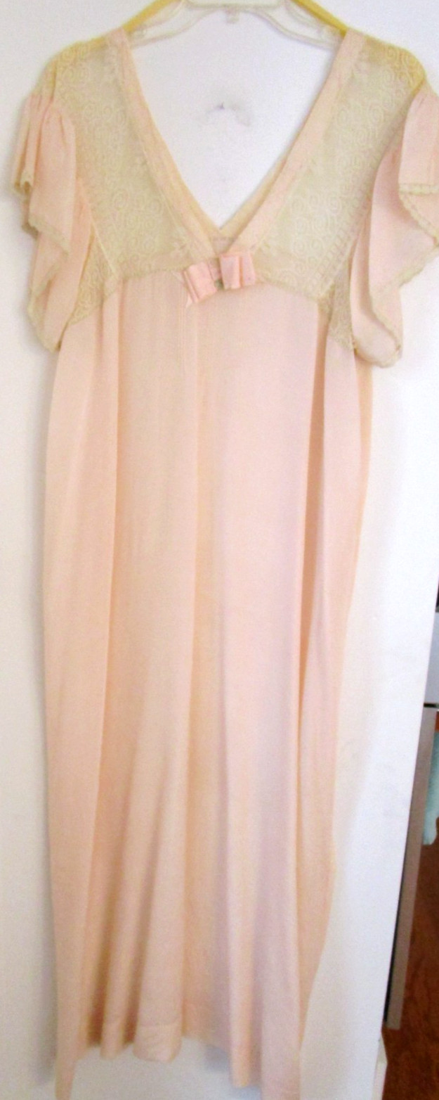 1920s Vtg Silk Long Nightgown Pink Peach Lace Lingerie Peignoir Sz M EXC CDN