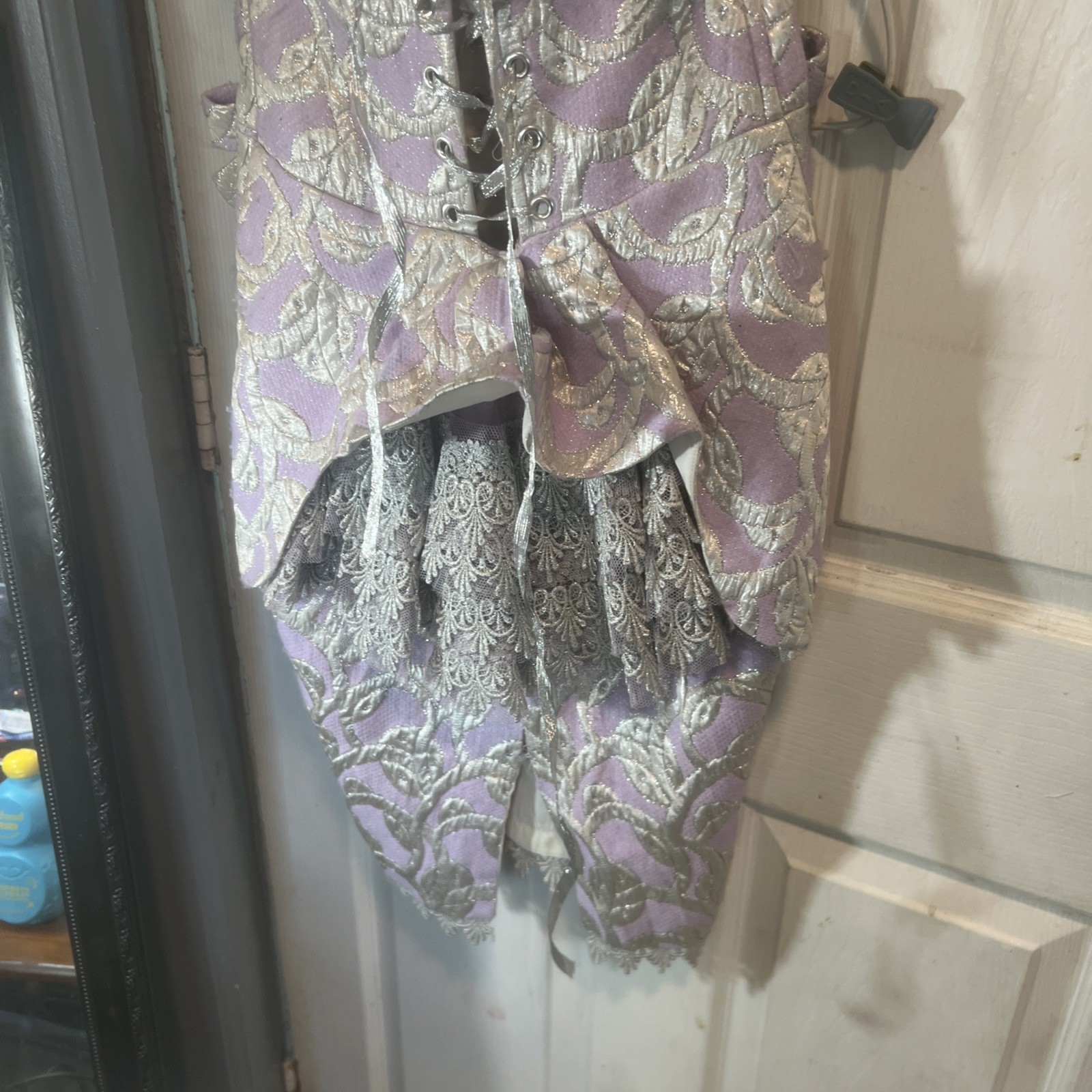 80s Lavender & Silver Brocade Corset Dress Lace Up Back Peplum Bows Detailed