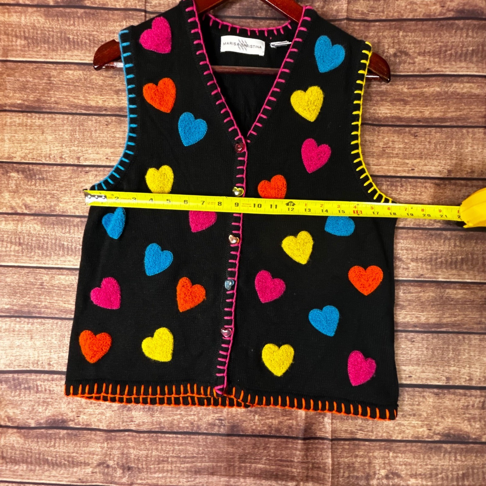 Marisa Christina Vintage Heart Patch Sweater Vest Black Multi Color Buttons M