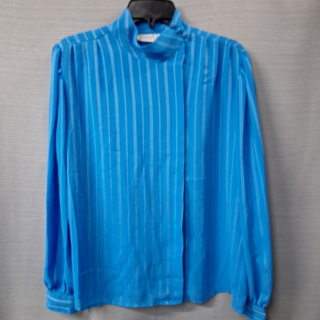 VTG Josephine Blue Striped Semi Sheer Blouse Shirt Long Sleeve Hidden Button 14