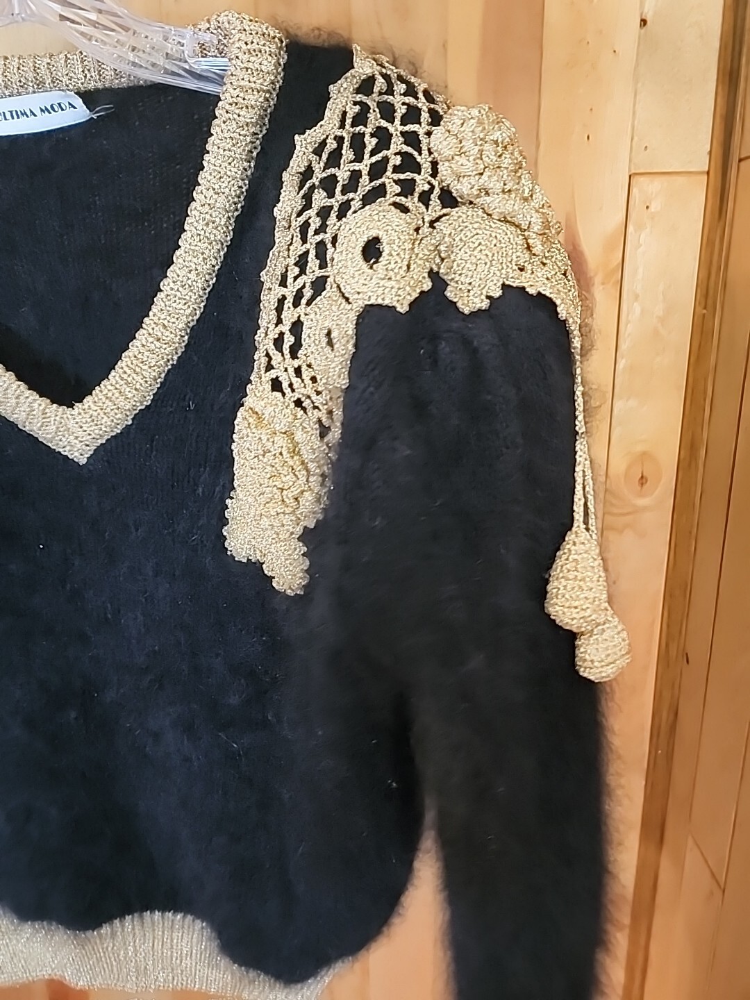 Ultima Moda Vintage Black Angora Holiday Party Sweater W 3D Gold Sparkle Sz M