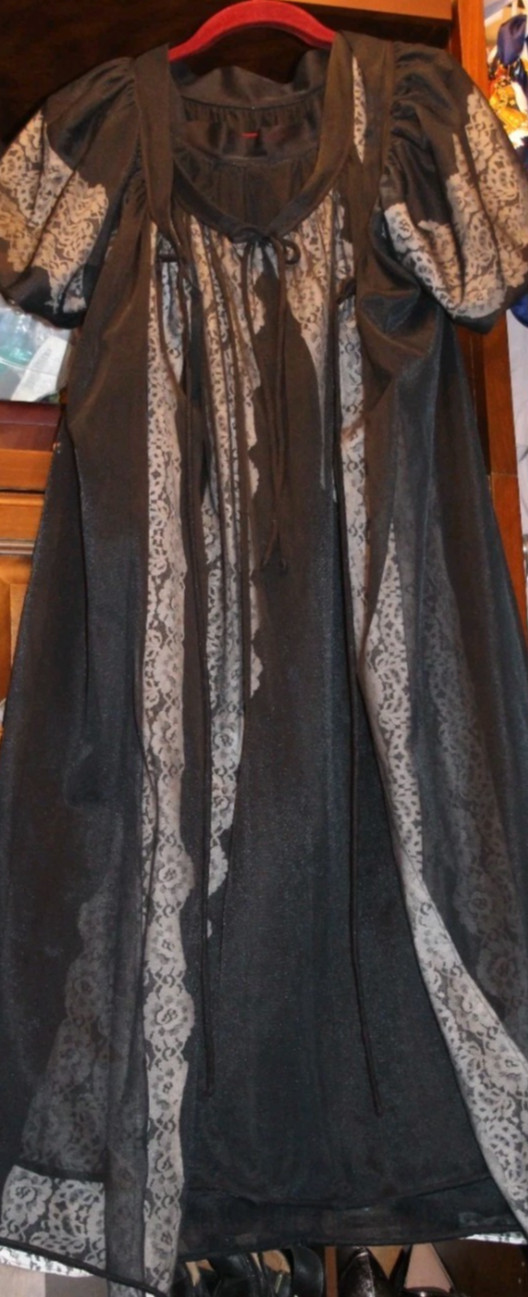 RoVel Medium BLACK Peignoir Robe Nightgown Set Old Hollywood Sheer Nylon Lace VT