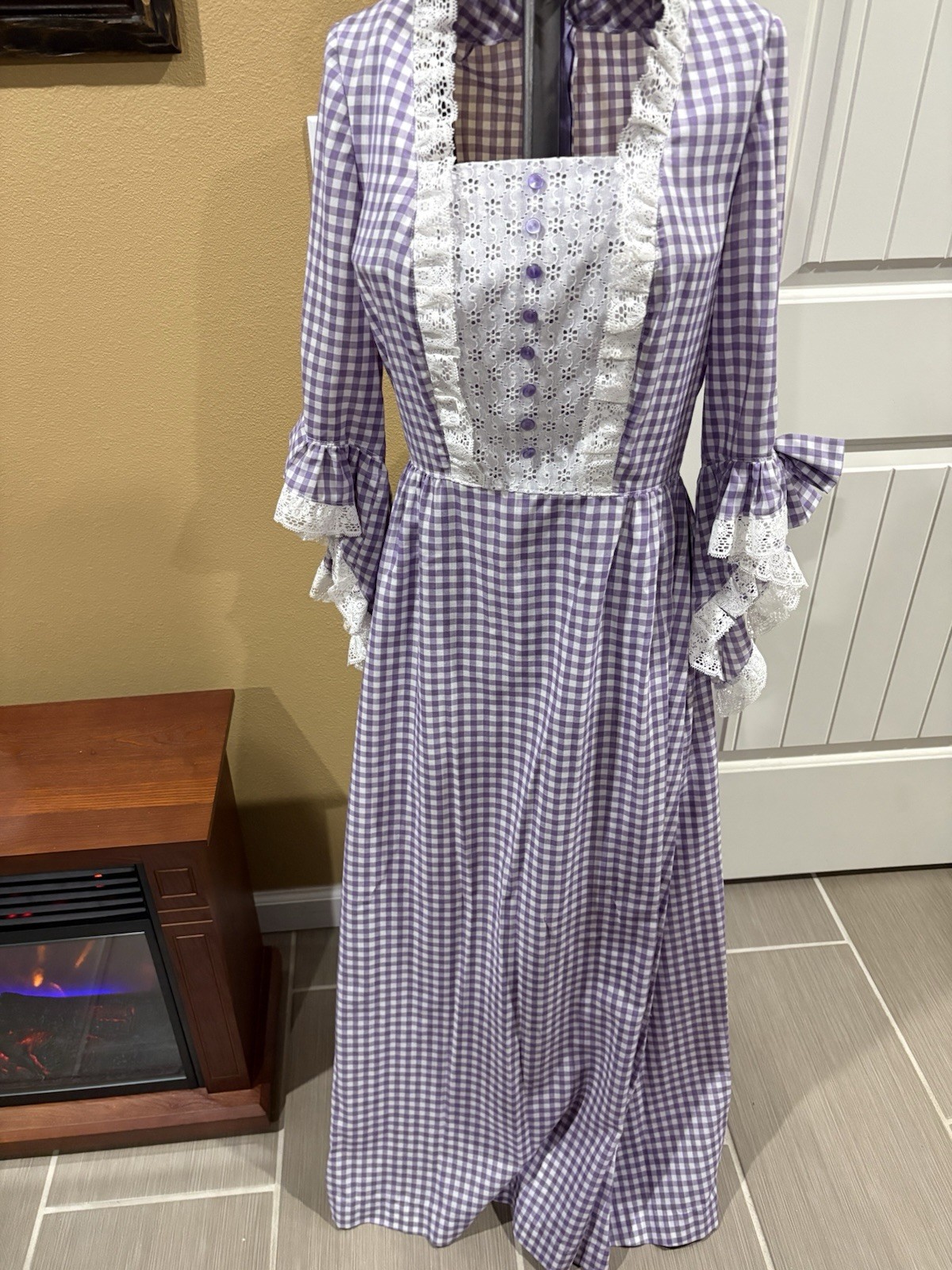 Prairie Style Lavender Gingham Long Dress Sz S Lace Floral Cottage Core Handmade