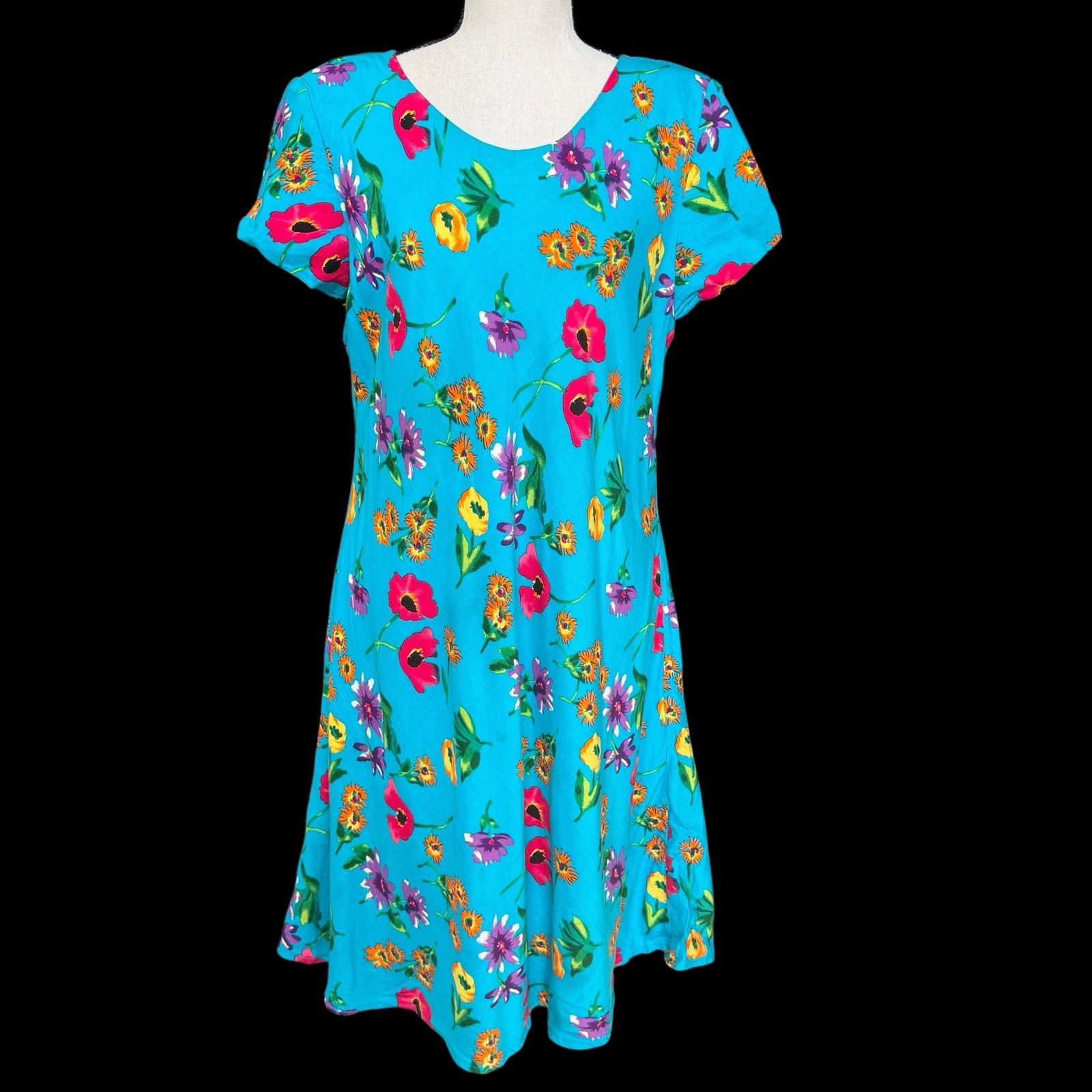 VTG 80s 90s Jessica Howard Floral Dress Fit & Flare Teal Short Sleeve Size M/L