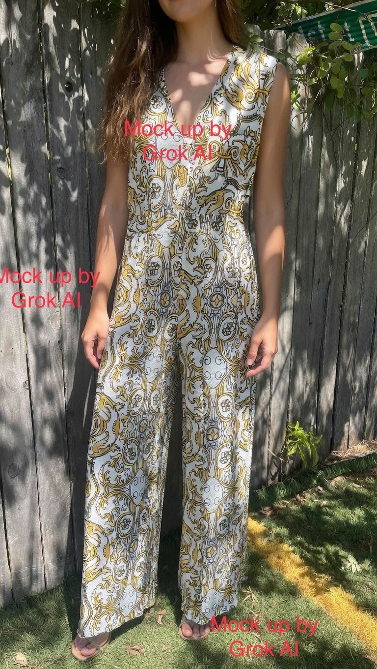 Vintage 70s Jumpsuit Wide Leg Palazzo Gold Psychedelic Baroque print – size M