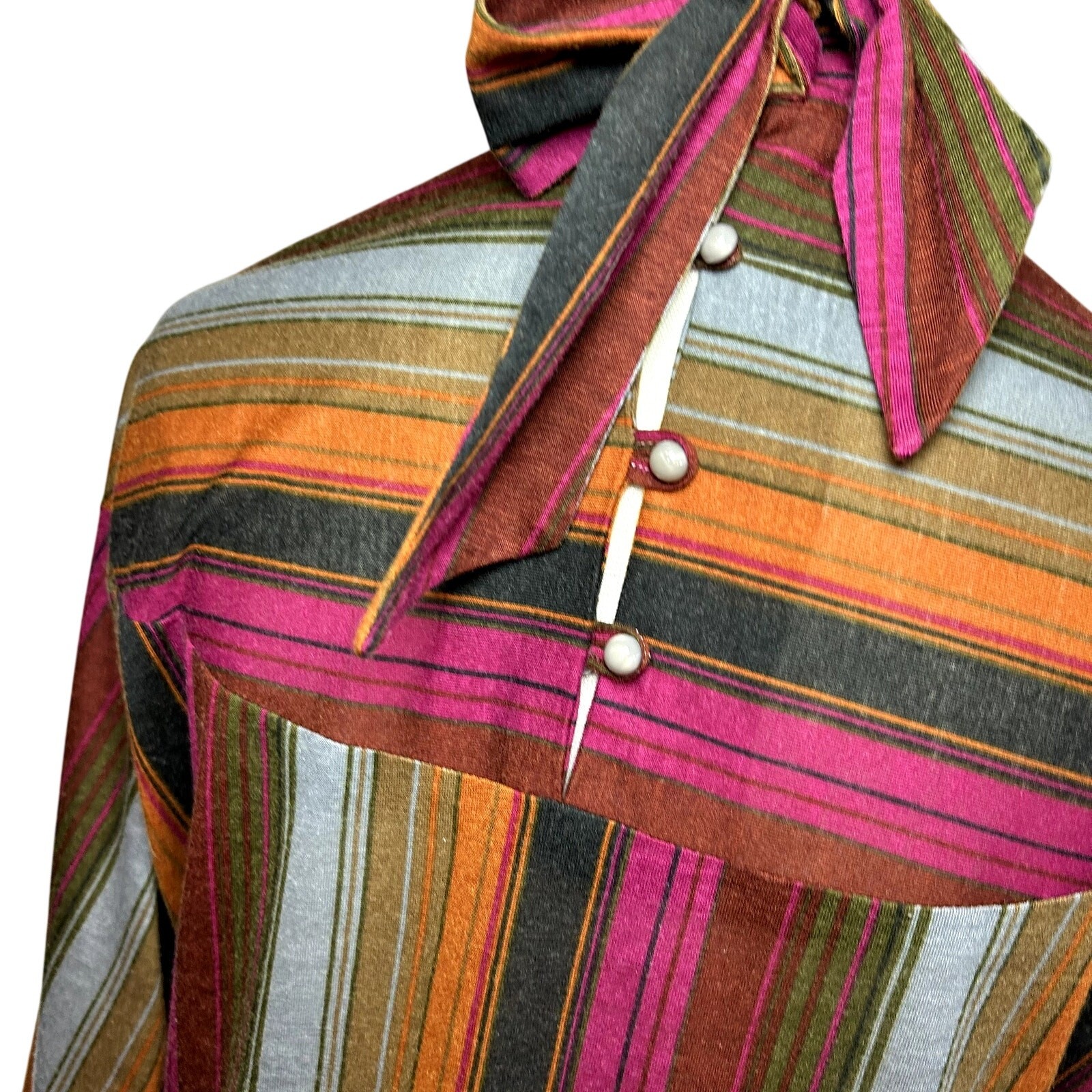 VTG 70s Knit Turtleneck Midi Dress L Pussy Bow Multicolor Bespoke Retro Twee