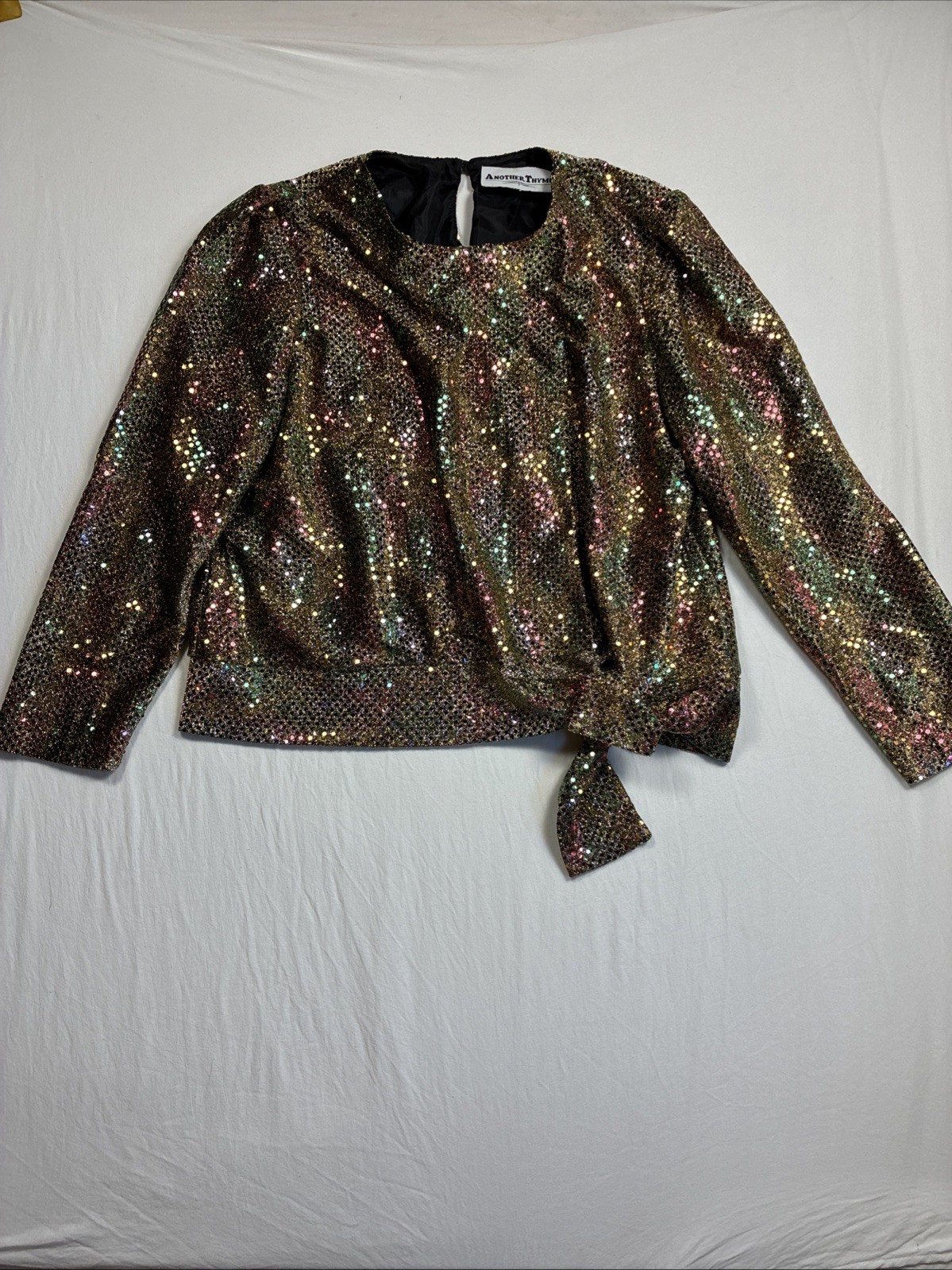 ANOTHER THYME NEW Gold RED Green Sequin Vintage HOLIDAY Size XL Blouse Tie