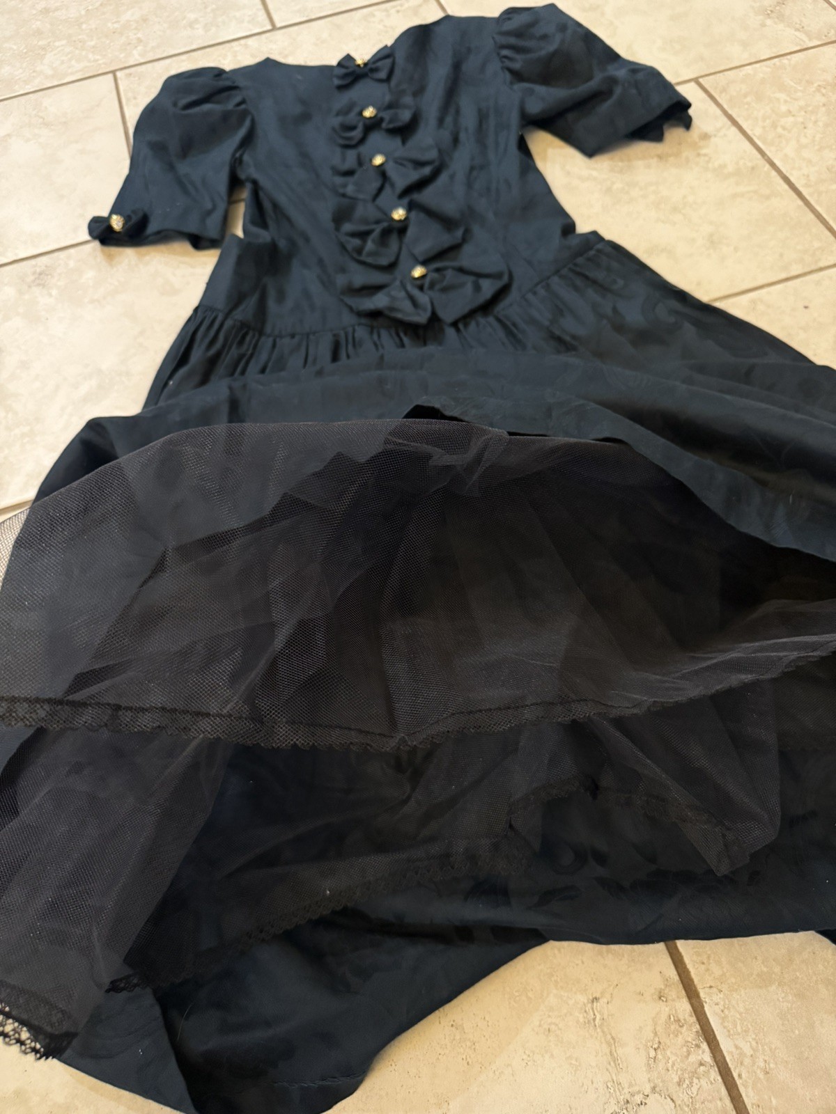 Misty Lane VTG Sz 7/8 Long Party Dress Bows, Full Skirt, black jaquard