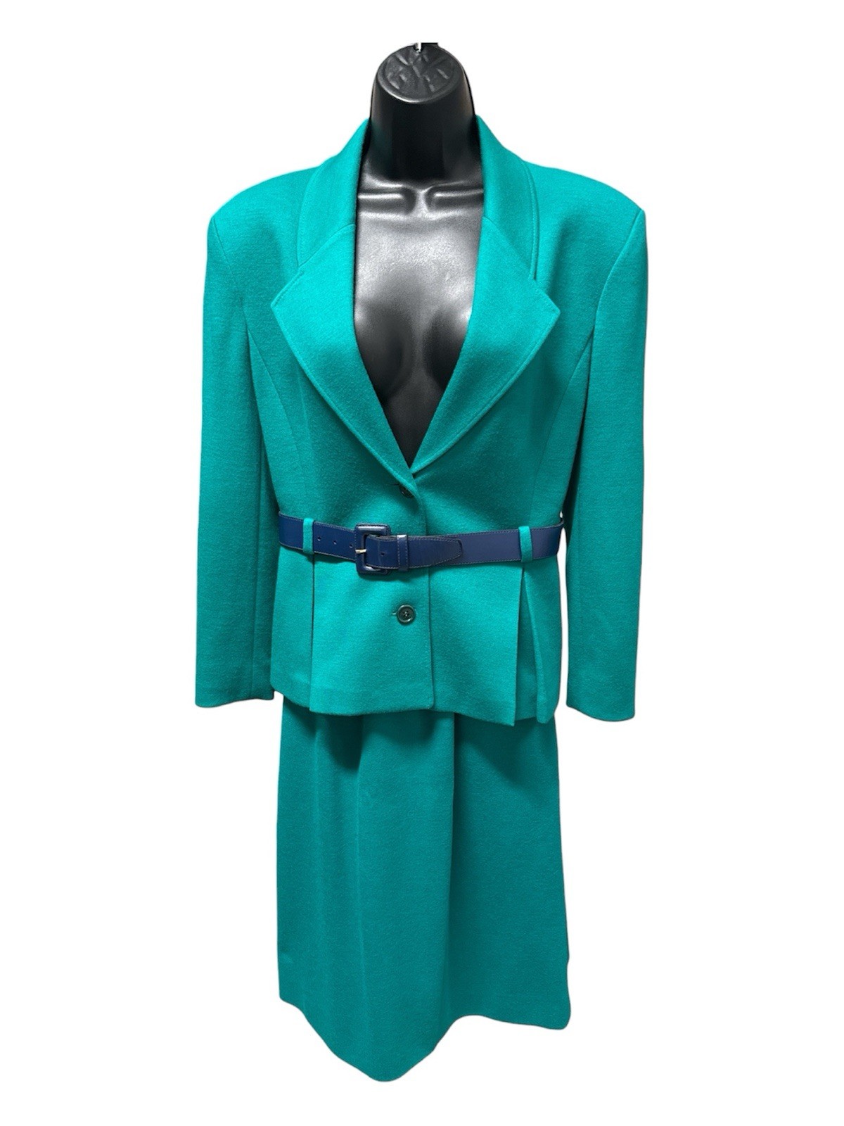 Vintage Bleyle USA Teal 2 Pc Skirt Suit w Belt Women’s Jacket Skirt Set 80s