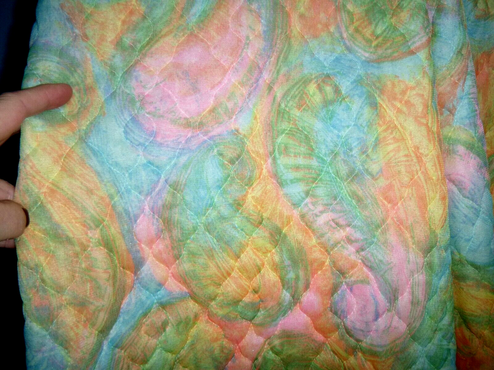 Vtg 60s Quilted Loungewear Jumpsuit Wide Legs MOD Swirl Pink Blue Yellow Sz M/L