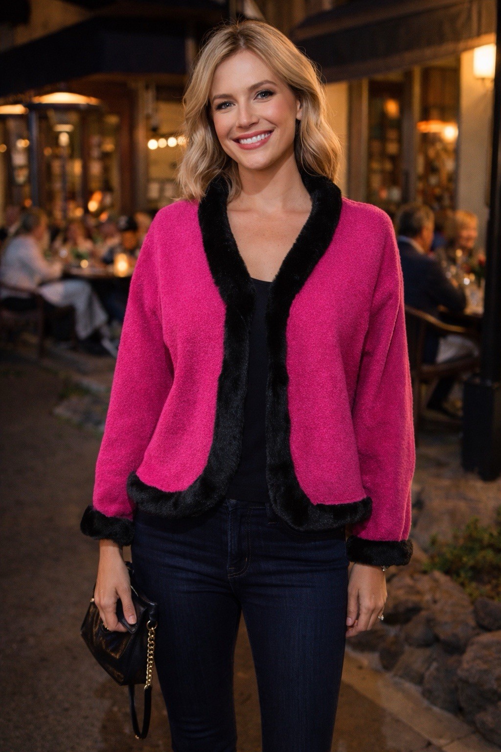 VTG Inspired By Bellepointe Fuscia Lambs Wool Cardigan Black Faux Fur Trim NICE