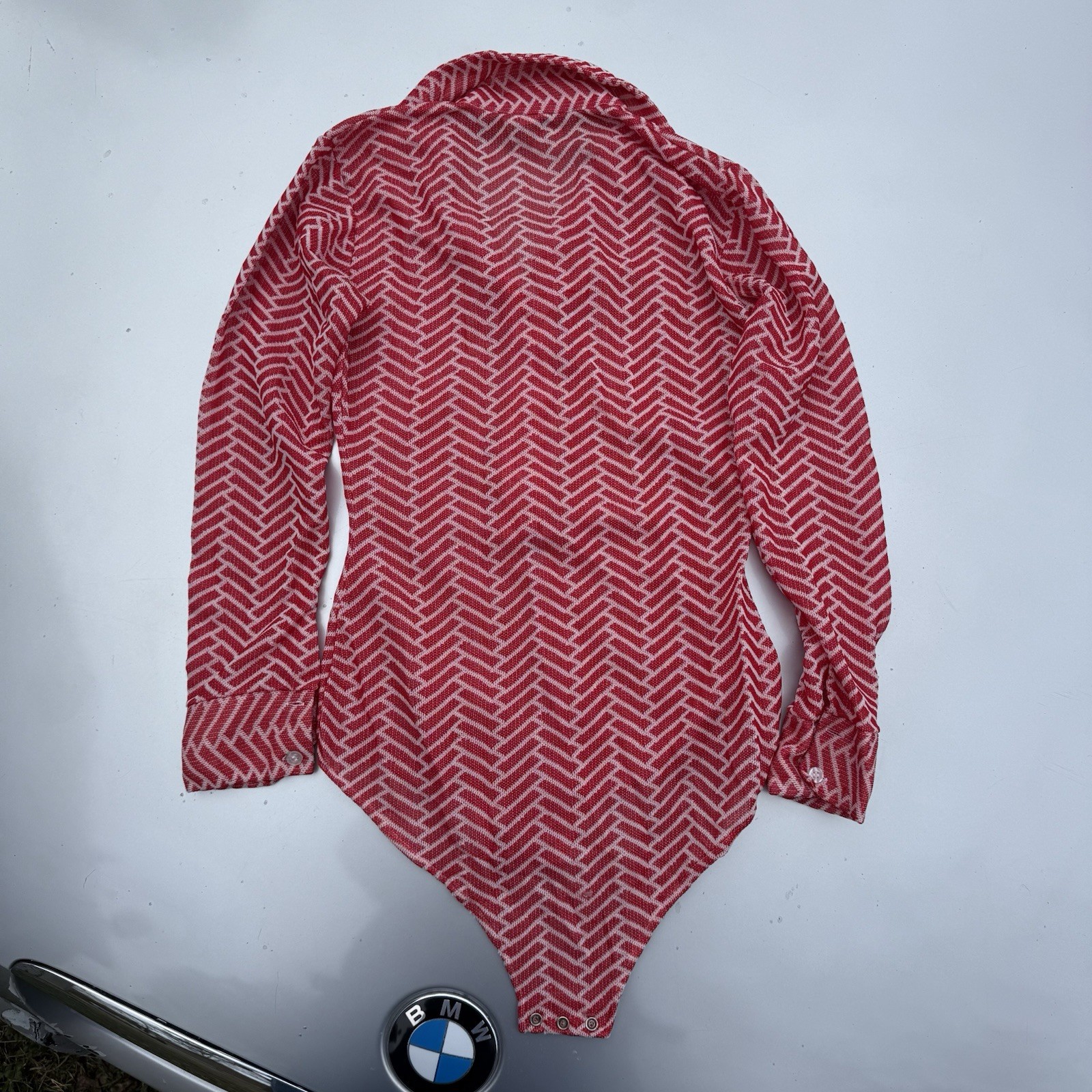 70s Retro Take 1 long-sleeve snap-crotch bodysuit Pointed Collar Nylon Poly SZ M